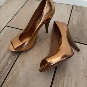 BCBGMaxAzria Metallic Gold Peep-Toe Heels